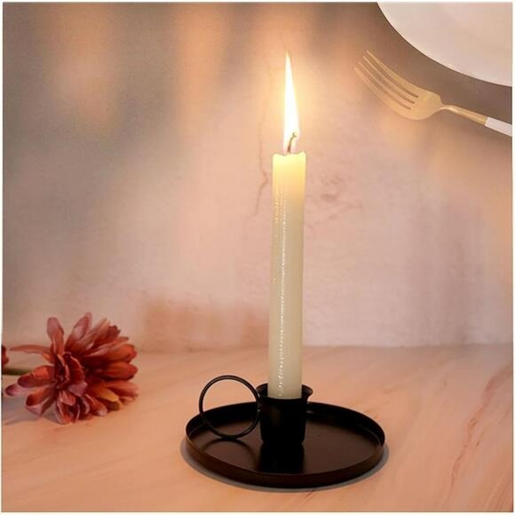 Set of 2 black iron taper candle holders 4 inch round base wedding table decor - Picture 4 of 7